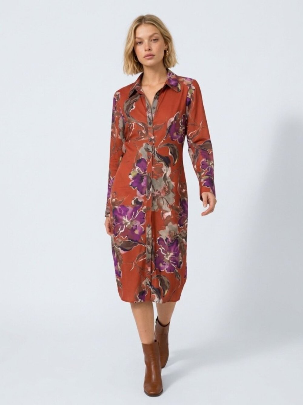 Donna Karan New York Burnt Orange Floral Button-Front Long Sleeve Dress